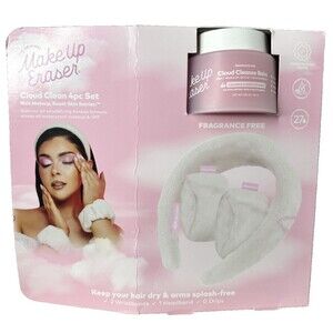 MakeUp Eraser Cloud Clean-4pc Set: Makeup Cleanser Balm W/Headband & Wristbands